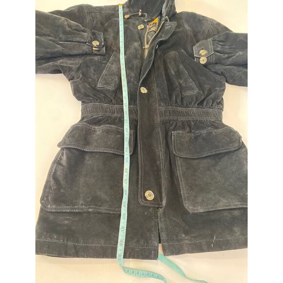 Express Black Vintage 90s Y2K Leather Suede Peplum Parka Jacket Sz XS Zipper - Picture 15 of 16
